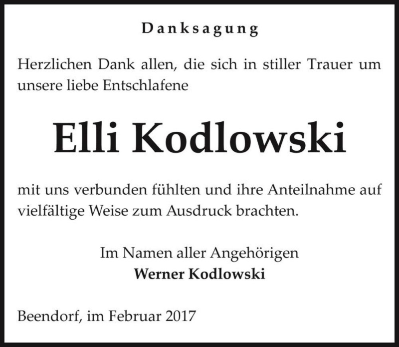  Traueranzeige für Elli Kodlowski  vom 18.02.2017 aus Magdeburger Volksstimme
