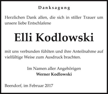 Traueranzeige von Elli Kodlowski  von Magdeburger Volksstimme