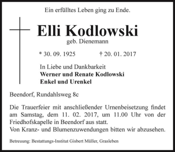 Traueranzeige von Elli Kodlowski (geb. Dienemann)  von Magdeburger Volksstimme