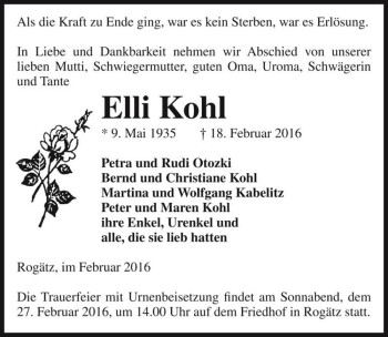 Traueranzeige von Elli Kohl  von Magdeburger Volksstimme