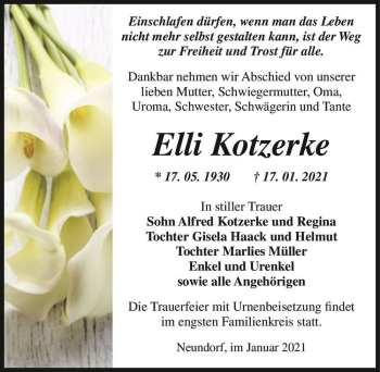 Traueranzeige von Elli Kotzerke  von Magdeburger Volksstimme