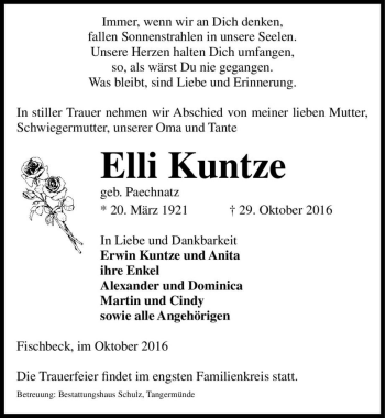 Traueranzeige von Elli Kuntze (geb. Paechnatz)  von Magdeburger Volksstimme