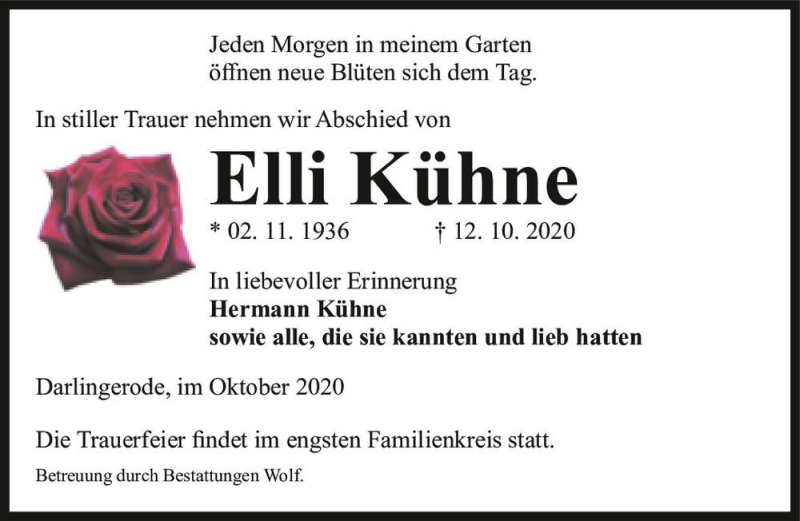  Traueranzeige für Elli Kühne  vom 17.10.2020 aus Magdeburger Volksstimme