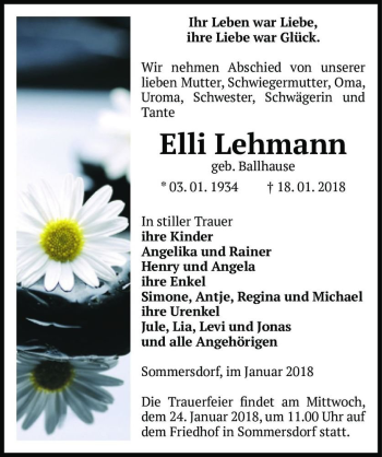 Traueranzeige von Elli Lehmann (geb. Ballhause)  von Magdeburger Volksstimme