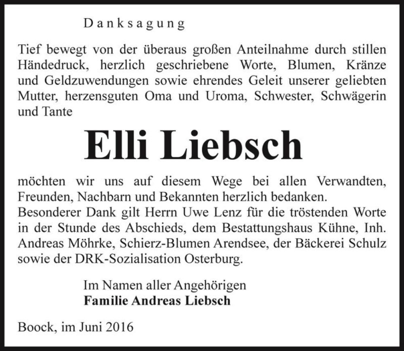  Traueranzeige für Elli Liebsch  vom 21.06.2016 aus Magdeburger Volksstimme