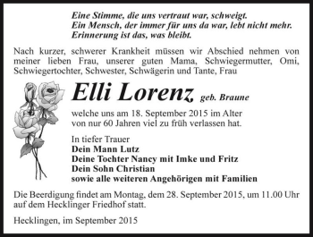 Traueranzeige von Elli Lorenz geb. Braune  von Magdeburger Volksstimme