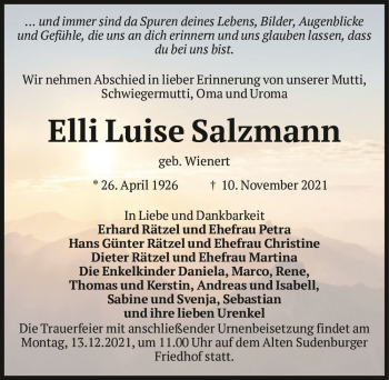 Traueranzeige von Elli Luise Salzmann (geb. Wienert)  von Magdeburger Volksstimme