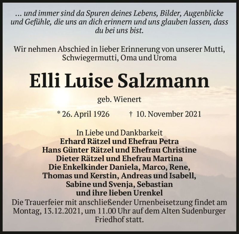  Traueranzeige für Elli Luise Salzmann (geb. Wienert)  vom 20.11.2021 aus Magdeburger Volksstimme