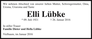Traueranzeige von Elli Lübke  von Magdeburger Volksstimme