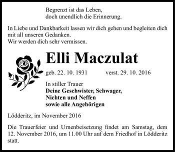 Traueranzeige von Elli Maczulat  von Magdeburger Volksstimme