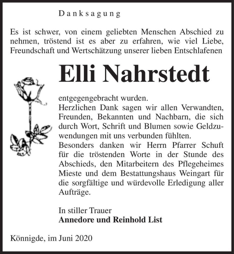  Traueranzeige für Elli Nahrstedt  vom 06.06.2020 aus Magdeburger Volksstimme
