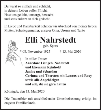 Traueranzeige von Elli Nahrstedt (geb. Spors)  von Magdeburger Volksstimme
