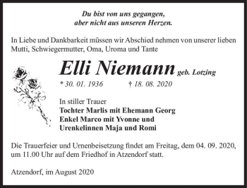 Traueranzeige von Elli Niemann (geb. Lotzing)  von Magdeburger Volksstimme