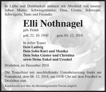 Traueranzeige von Elli Nothnagel (geb. Feind)  von Magdeburger Volksstimme