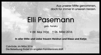Traueranzeige von Elli Pasemann (geb. Fensky)  von Magdeburger Volksstimme