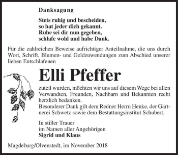 Traueranzeige von Elli Pfeffer  von Magdeburger Volksstimme