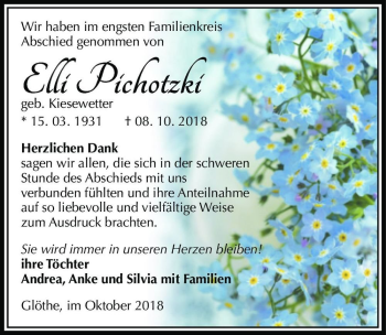 Traueranzeige von Elli Pichotzki (geb. Kiesewetter)  von Magdeburger Volksstimme
