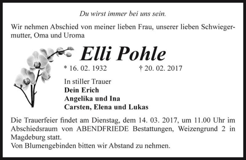  Traueranzeige für Elli Pohle  vom 04.03.2017 aus Magdeburger Volksstimme