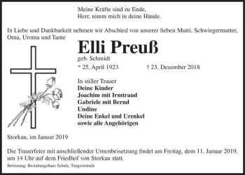 Traueranzeige von Elli Preuß (geb. Schmidt)  von Magdeburger Volksstimme