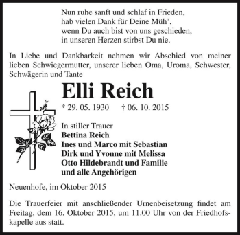 Traueranzeige von Elli Reich  von Magdeburger Volksstimme