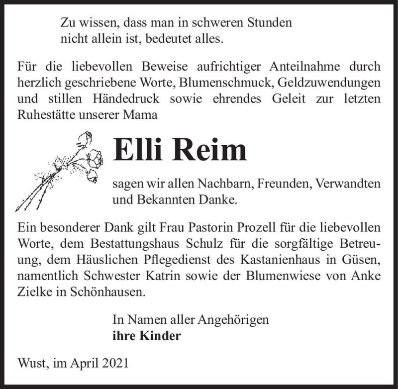  Traueranzeige für Elli Reim  vom 24.04.2021 aus Magdeburger Volksstimme