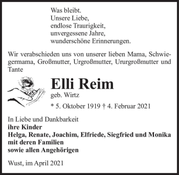 Traueranzeige von Elli Reim (geb. Wirtz)  von Magdeburger Volksstimme