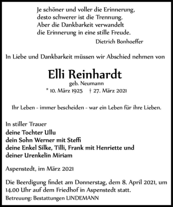 Traueranzeige von Elli Reinhardt (geb. Neumann)  von Magdeburger Volksstimme