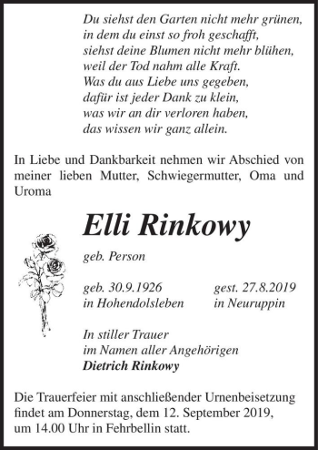Traueranzeige von Elli Rinkowy (geb. Person)  von Magdeburger Volksstimme