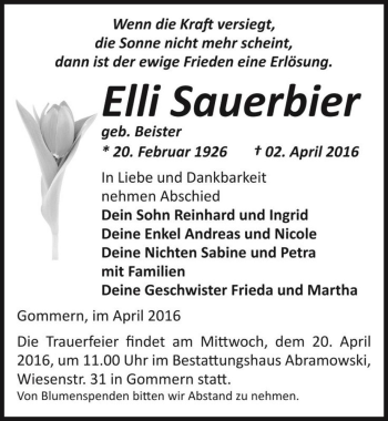 Traueranzeige von Elli Sauerbier (geb. Beister)  von Magdeburger Volksstimme