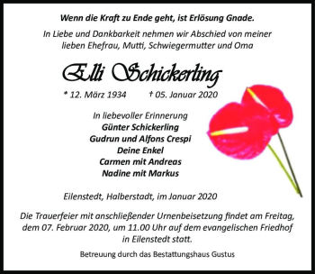 Traueranzeige von Elli Schickerling  von Magdeburger Volksstimme