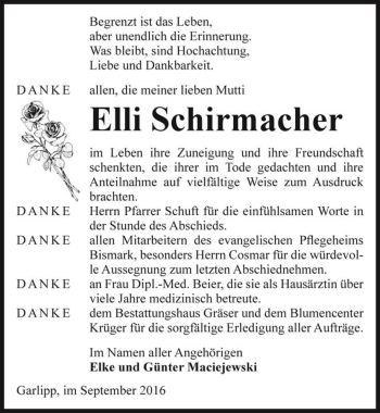 Traueranzeige von Elli Schirmacher  von Magdeburger Volksstimme
