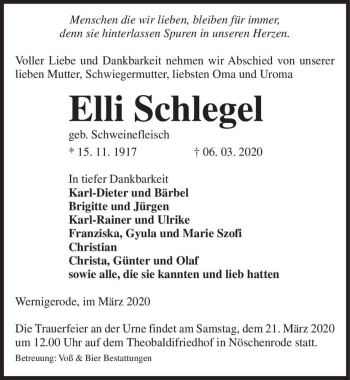 Traueranzeige von Elli Schlegel (geb. Schweinefleisch)  von Magdeburger Volksstimme