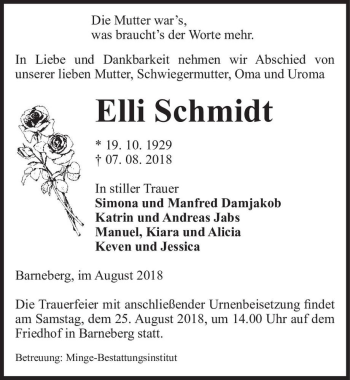 Traueranzeige von Elli Schmidt  von Magdeburger Volksstimme