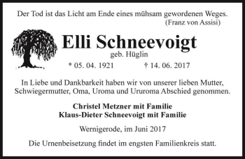 Traueranzeige von Elli Schneevoigt (geb. Hüglin)  von Magdeburger Volksstimme