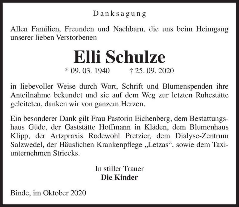  Traueranzeige für Elli Schulze  vom 22.10.2020 aus Magdeburger Volksstimme