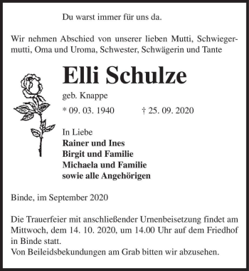 Traueranzeige von Elli Schulze (geb. Knappe)  von Magdeburger Volksstimme
