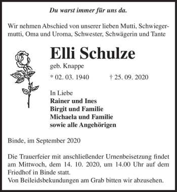 Traueranzeige von Elli Schulze (geb. Knappe)  von Magdeburger Volksstimme