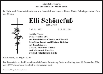 Traueranzeige von Elli Schönefuß (geb. Cruse)  von Magdeburger Volksstimme