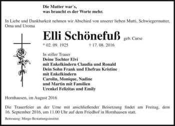 Traueranzeige von Elli Schönefuß (geb. Curse)  von Magdeburger Volksstimme