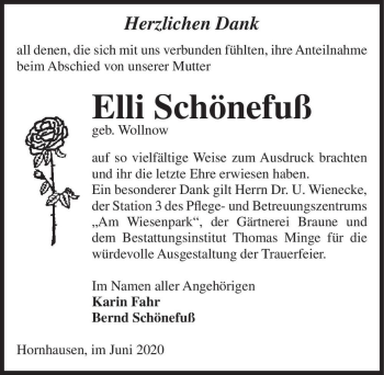 Traueranzeige von Elli Schönefuß (geb. Wollnow)  von Magdeburger Volksstimme