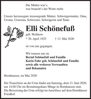 Traueranzeige von Elli Schönefuß (geb. Wollnow)  von Magdeburger Volksstimme