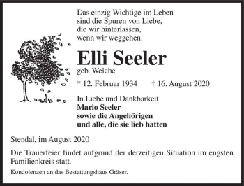 Traueranzeige von Elli Seeler (geb. Weiche)  von Magdeburger Volksstimme