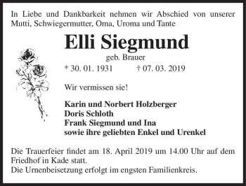 Traueranzeige von Elli Siegmund (geb. Brauer)  von Magdeburger Volksstimme