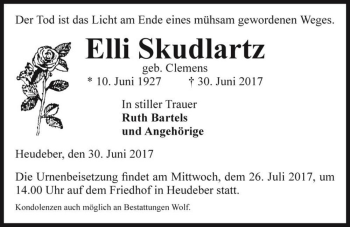 Traueranzeige von Elli Skudlartz (geb. Clemens)  von Magdeburger Volksstimme