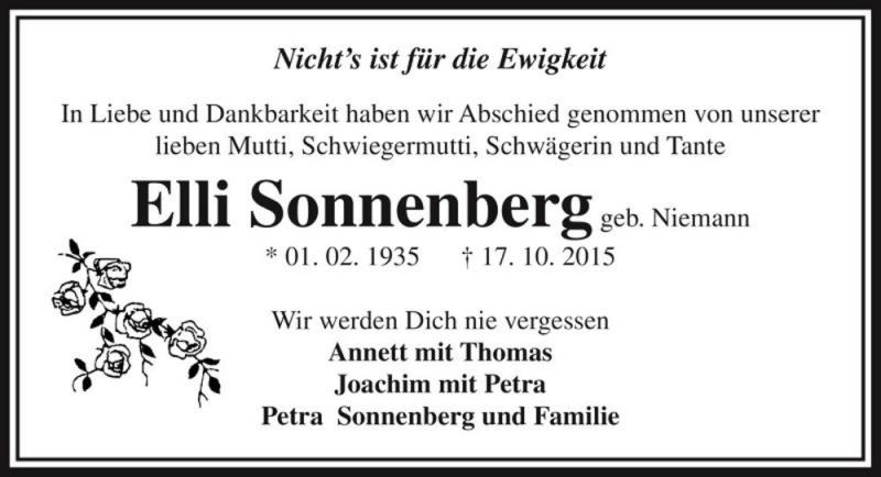  Traueranzeige für Elli Sonnenberg (geb. Niemann)  vom 07.11.2015 aus Magdeburger Volksstimme