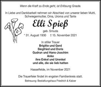 Traueranzeige von Elli Spieß (geb. Smuda)  von Magdeburger Volksstimme