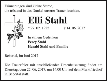Traueranzeige von Elli Stahl  von Magdeburger Volksstimme
