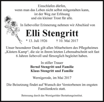 Traueranzeige von Elli Stengritt  von Magdeburger Volksstimme