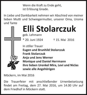 Traueranzeige von Elli Stolarczuk (geb. Lehmann)  von Magdeburger Volksstimme