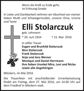 Traueranzeige von Elli Stolarczuk (geb. Lehmann)  von Magdeburger Volksstimme
